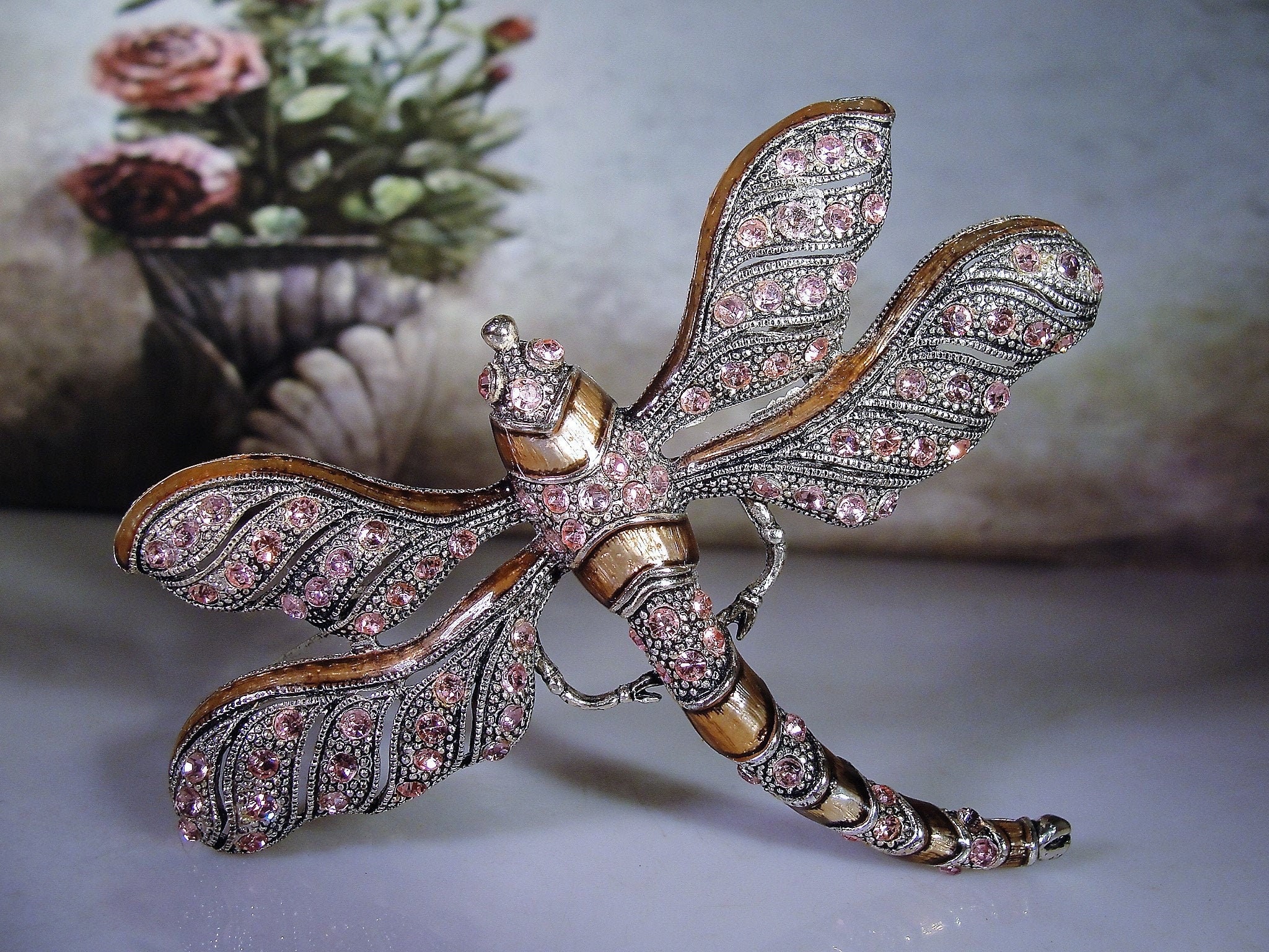 Dragonfly Brooch, Vintage Large Pink Crystal Encrusted and Enamel