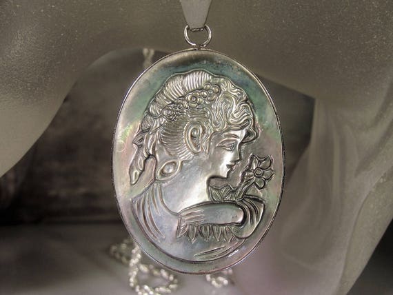 Cameo Necklace, Abalone Shell Cameo, Lustrous Came