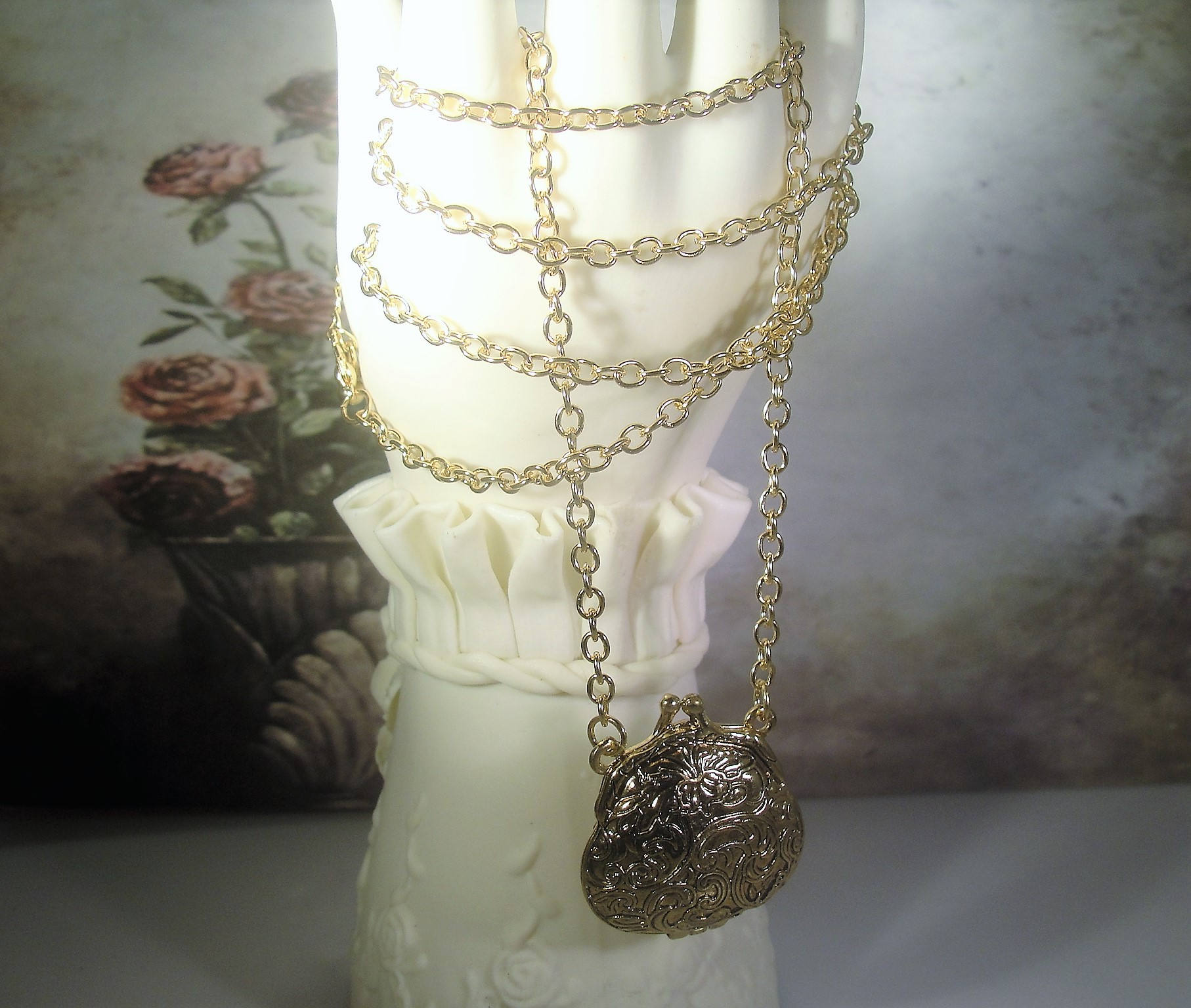 Victorian Revival Chased Purse Necklace, Purse Necklace, Chatelaine