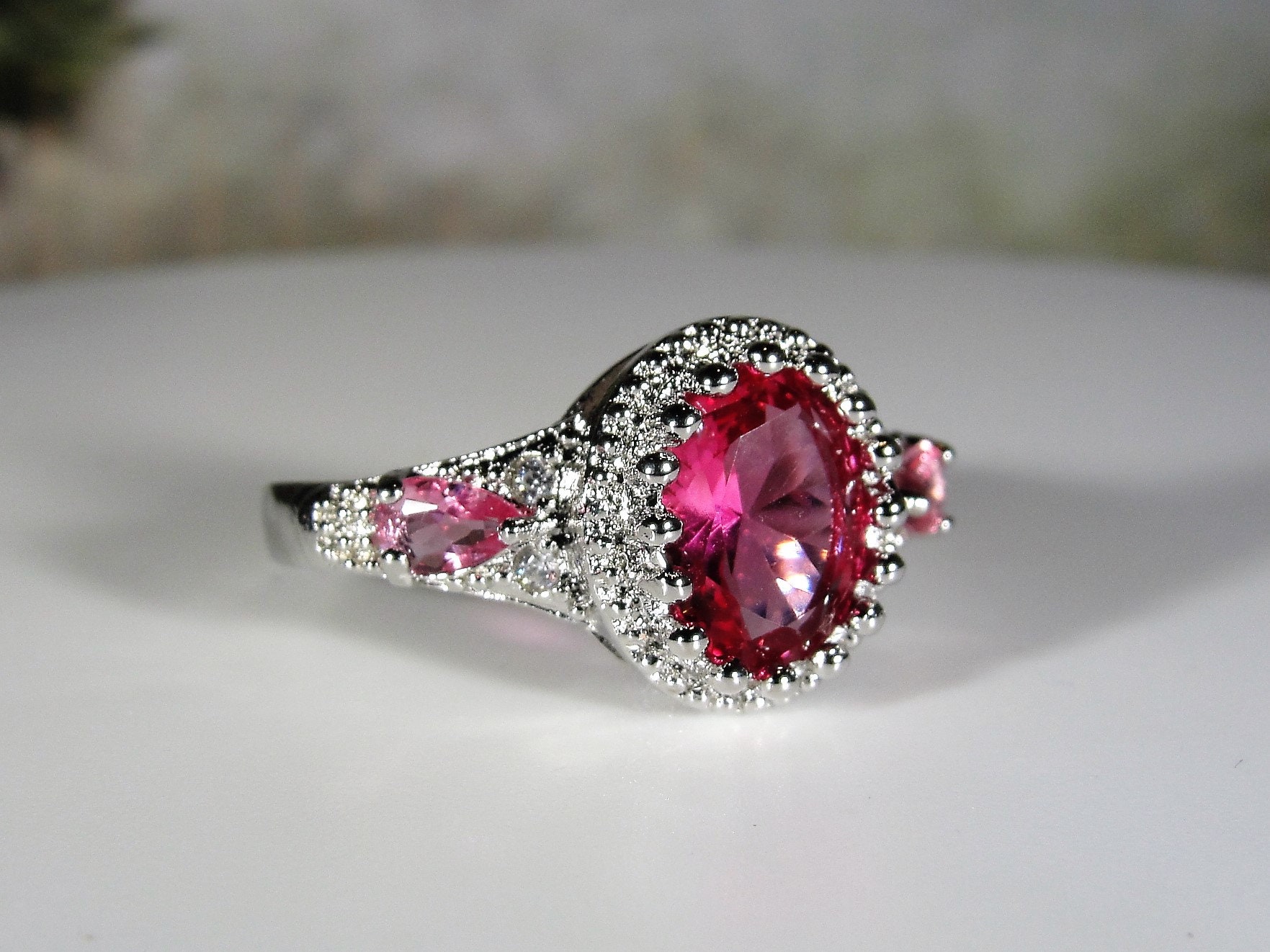 Sterling Pink Glass Ring Pink Glass Ring with a Crown Etsy