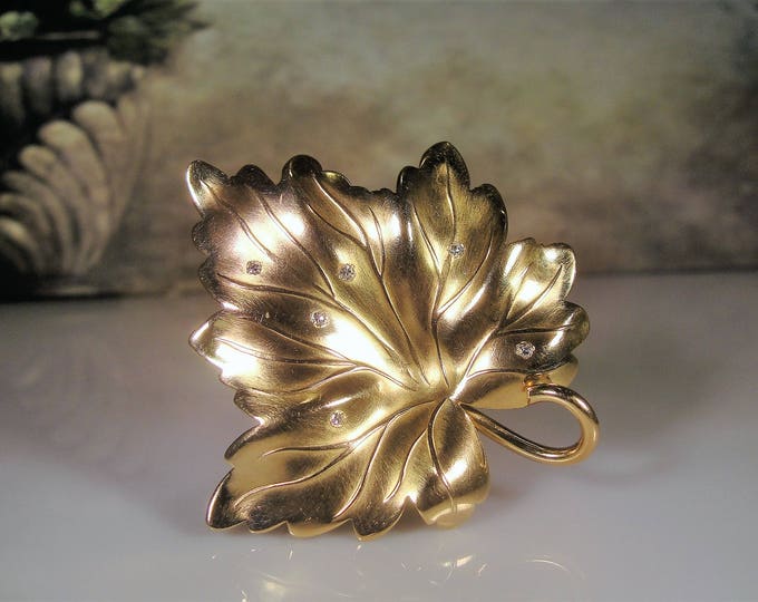 Fine Jewelry Brooch, Vintage 14K Yellow Gold and Diamond Maple Leaf Designer Original Brooch, Designer is known as "Rainwater"