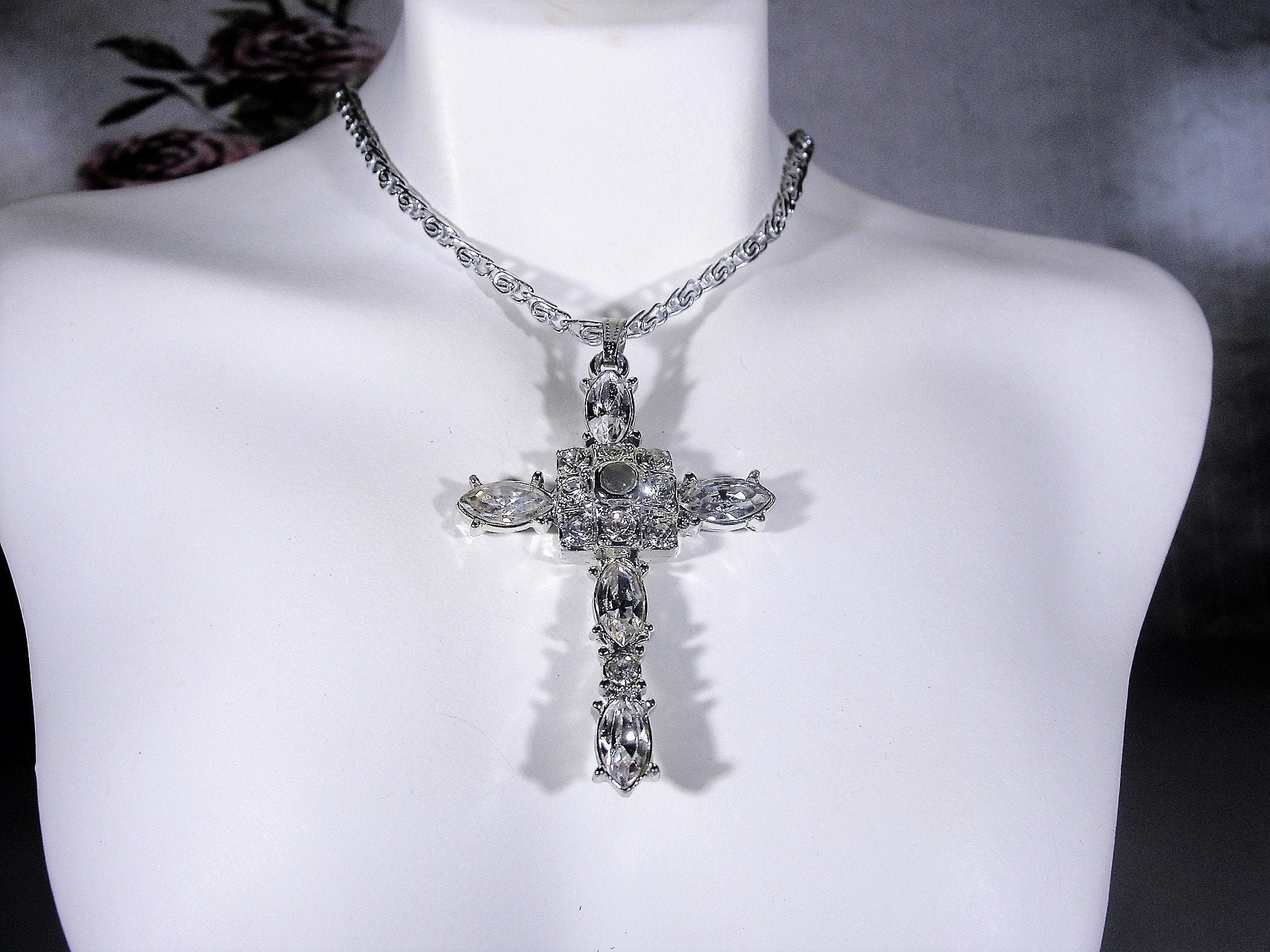 Cross Necklace, Sterling Silver White Gold Plated CZ Cross Necklace, 18.5 Inch Sterling Silver 