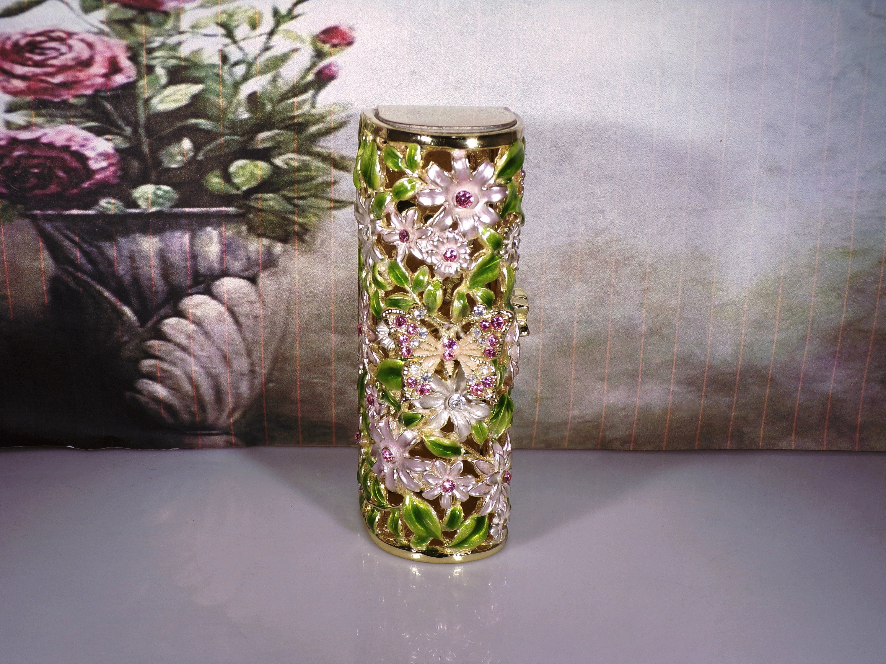 Vintage Lipstick Case Holder-2 W/Mirror Metallic Floral Asian Silk