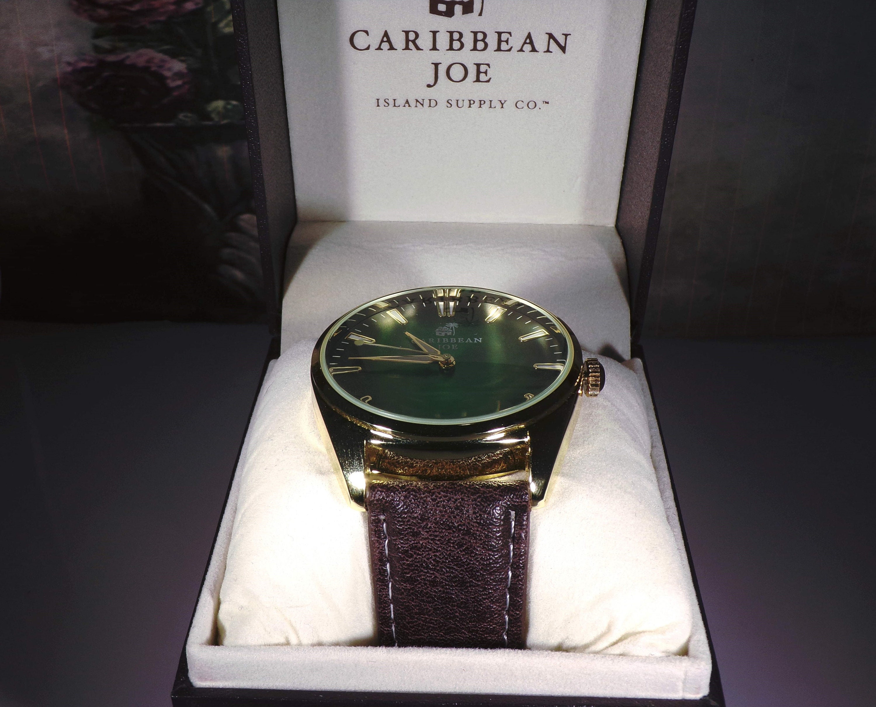 CARIBBEAN JOE Men's Wrist Watch – Emerald Green Face – Leather