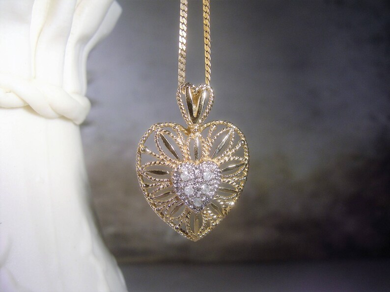 10k Diamond Heart Necklace Gold Pendant Filigree Art Deco Vintage