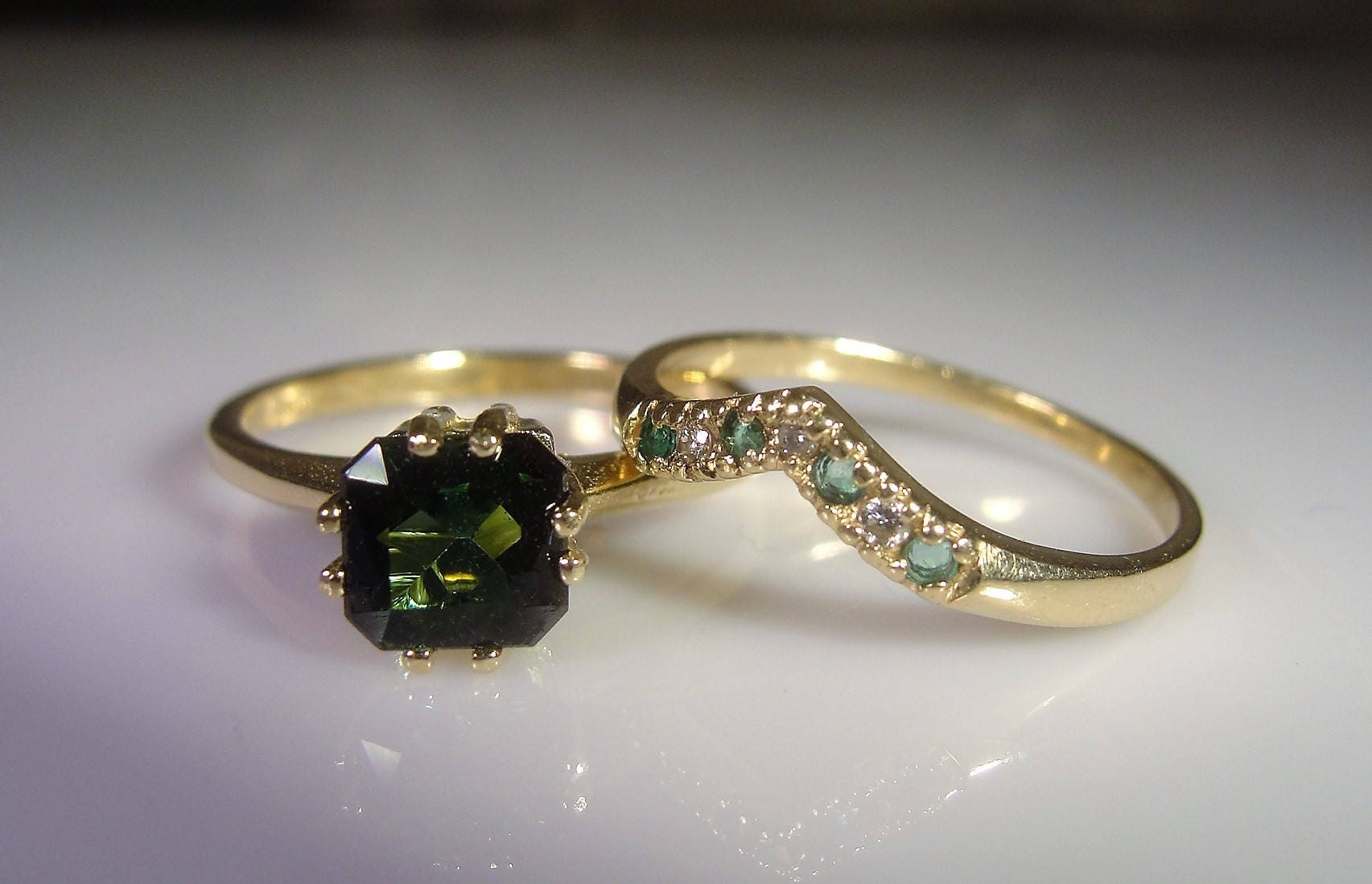 Bridal Ring Set, 14K Gold Green Tourmaline Engagement Ring & Green