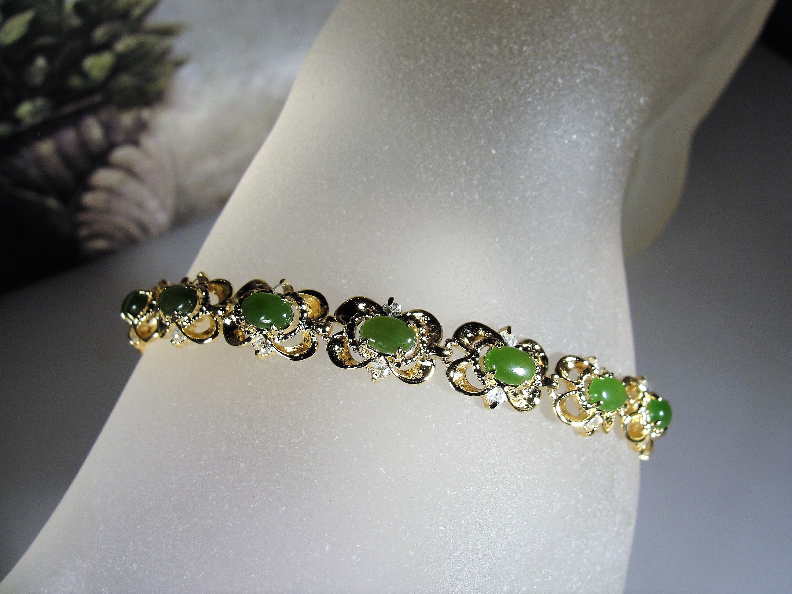 Green Jade Cabochon and Clear Crystal Link Bracelet, Jade Bracelet