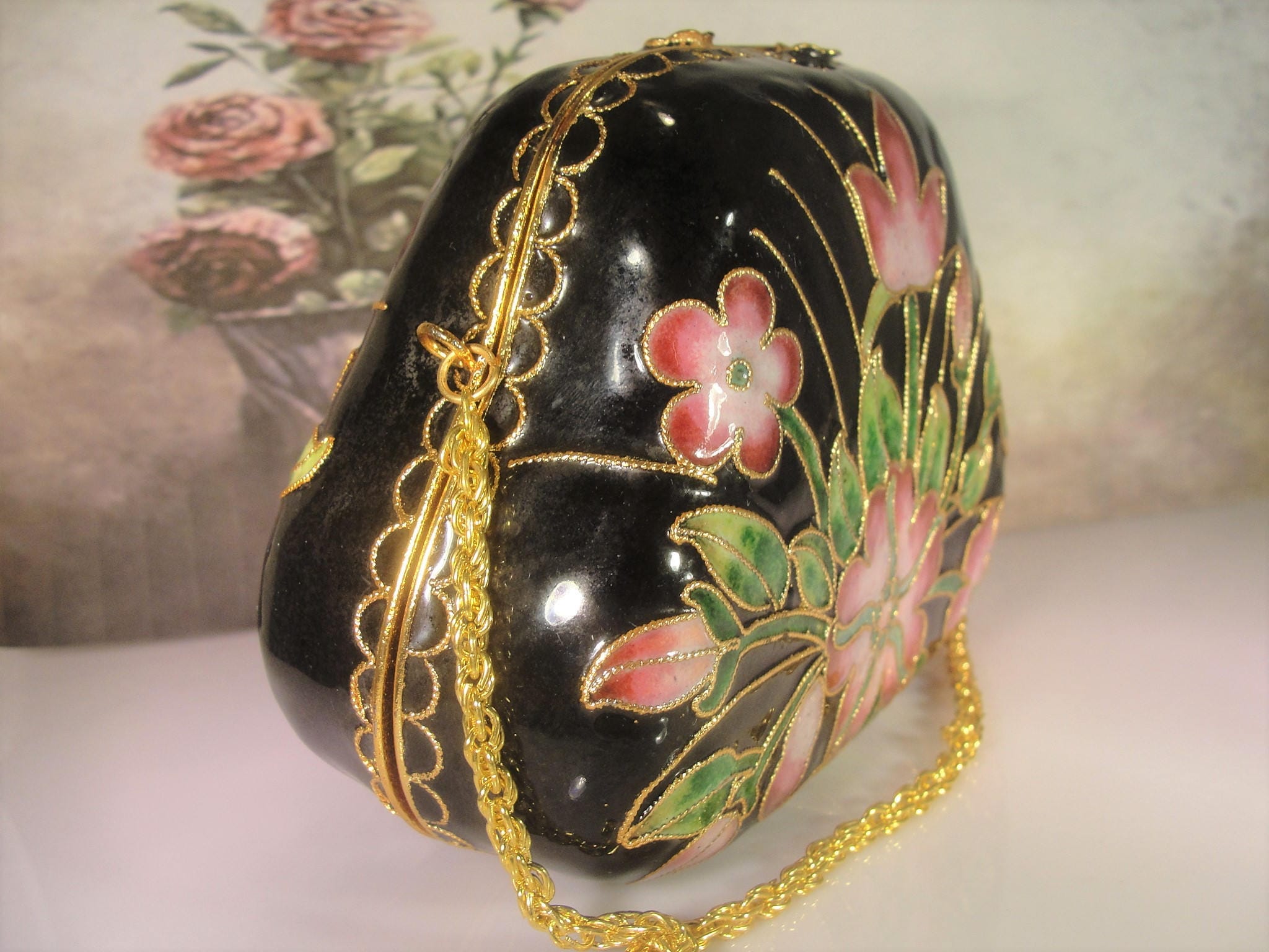 Cloisonné Pink Green and Black Purse, Vintage Floral Cloisonné Enamel