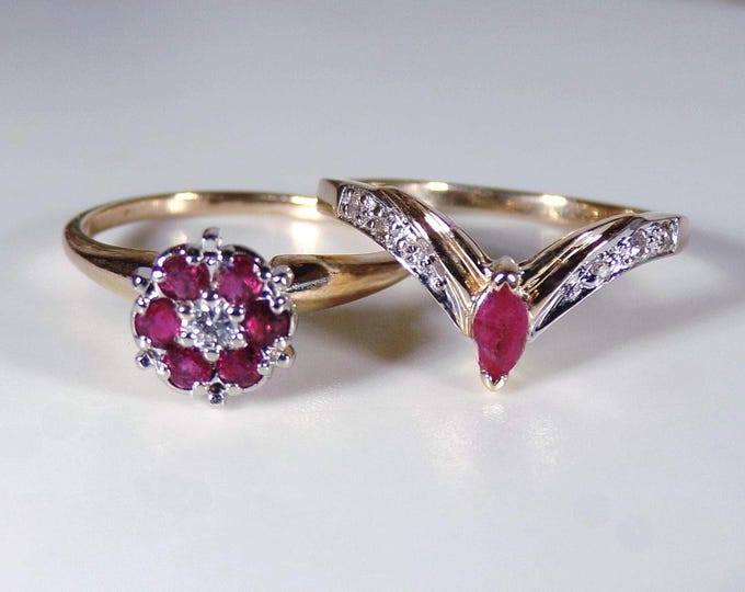 Bridal Rings – 14K Gold Ruby & Diamond Bridal Ring Set – Ruby Diamond Cluster Engagement Ring – Marquise Ruby Diamond Chevron Wedding Band
