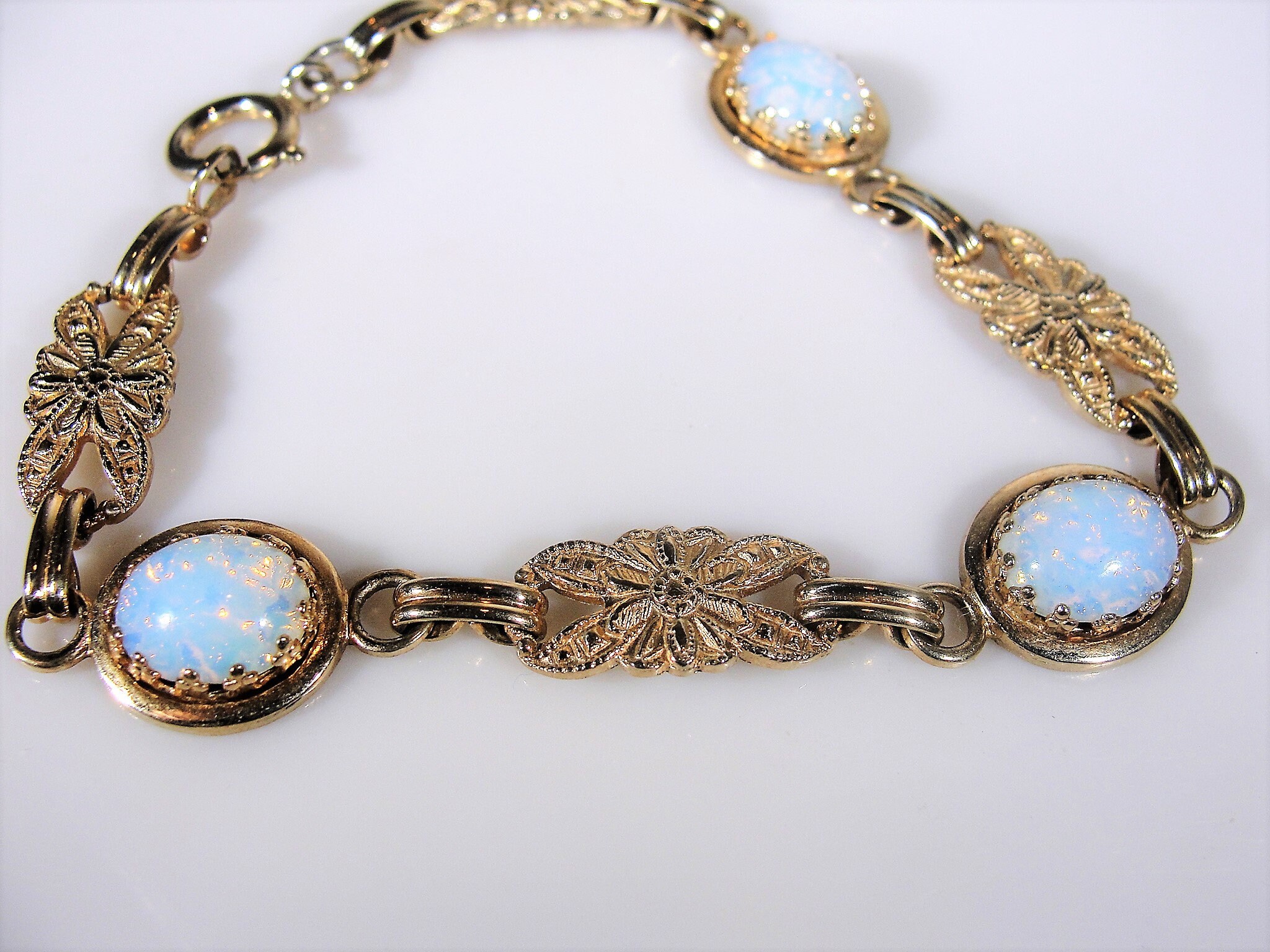 Opal Bracelet, Vintage MidCentury Crown Mounted Faux Opal Link