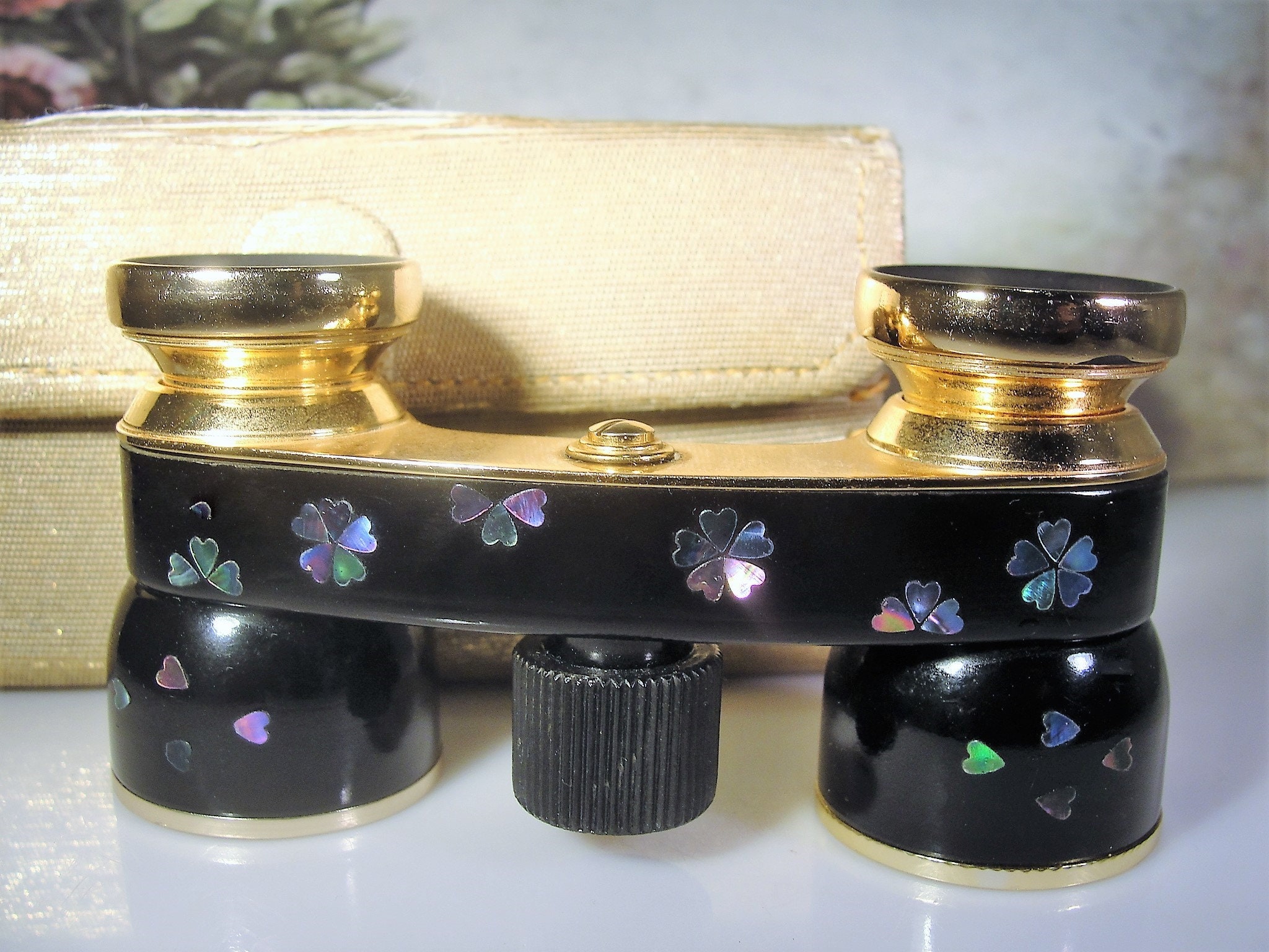 MIGNON Opera Glasses, Abalone Applique Opera Glasses, Black Enamel