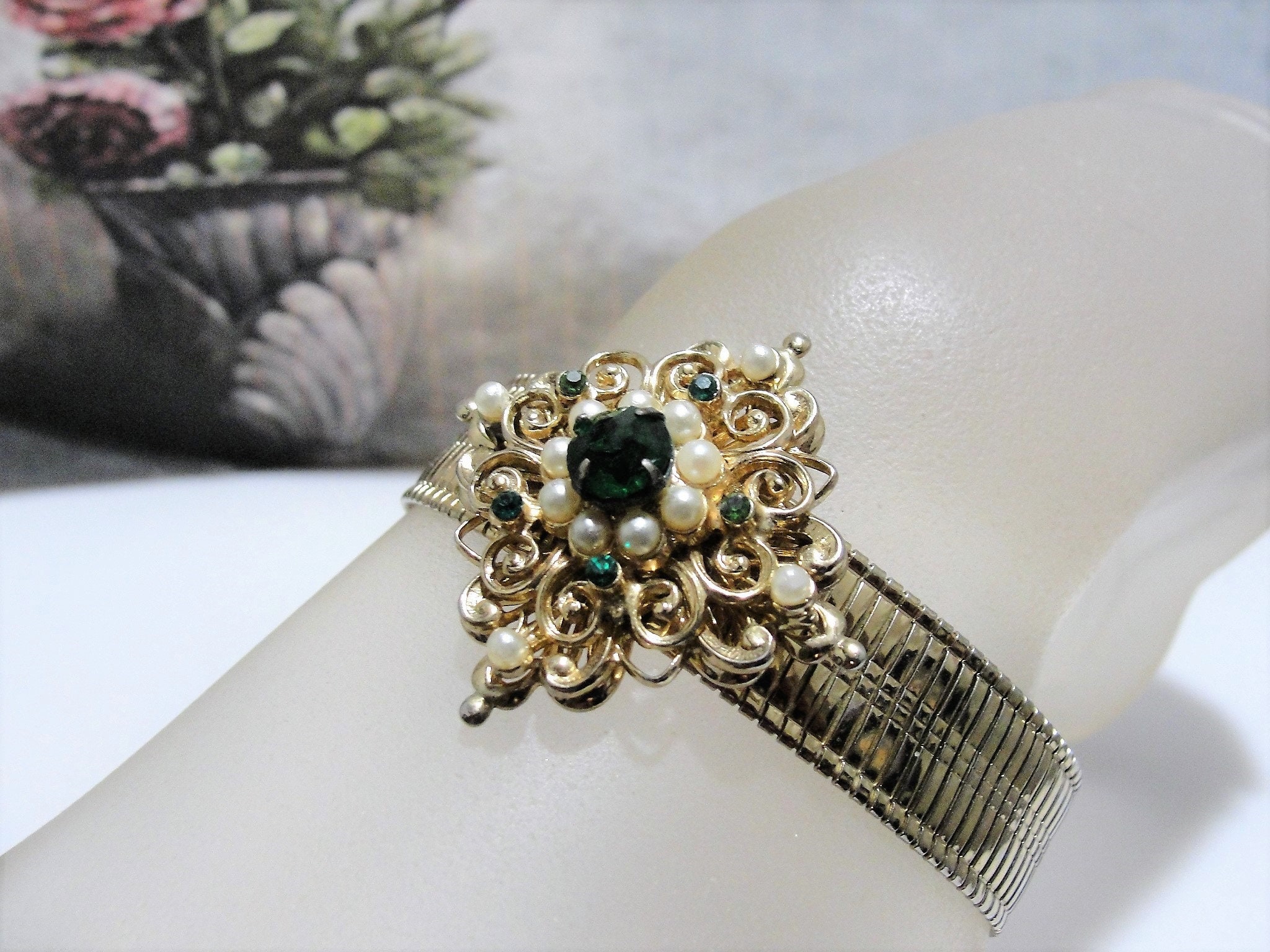 CORO PEGASUS Green Emerald Rhinestone and Seed Pearl Gold Tone Bracelet ...