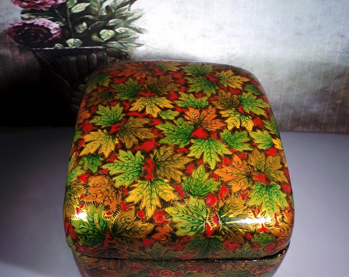 Vintage Kashmir Rectangular Trinket Box with Autumn Leaves and Gold Gild, Black Lacquer Inside, Made in India, Vintage Trinket Box