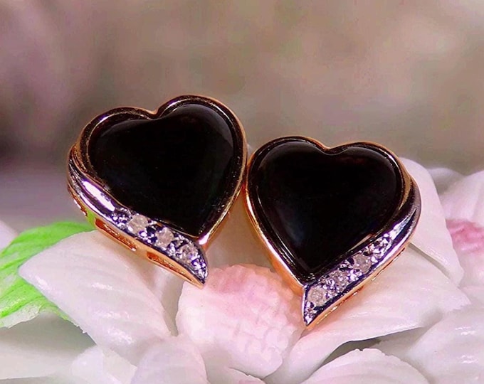 Onyx Earrings - 14K Gold Heart Shaped Black Onyx Earrings with Diamond Accents – Womens Stud Earrings – Butterfly Backs – Vintage Earrings