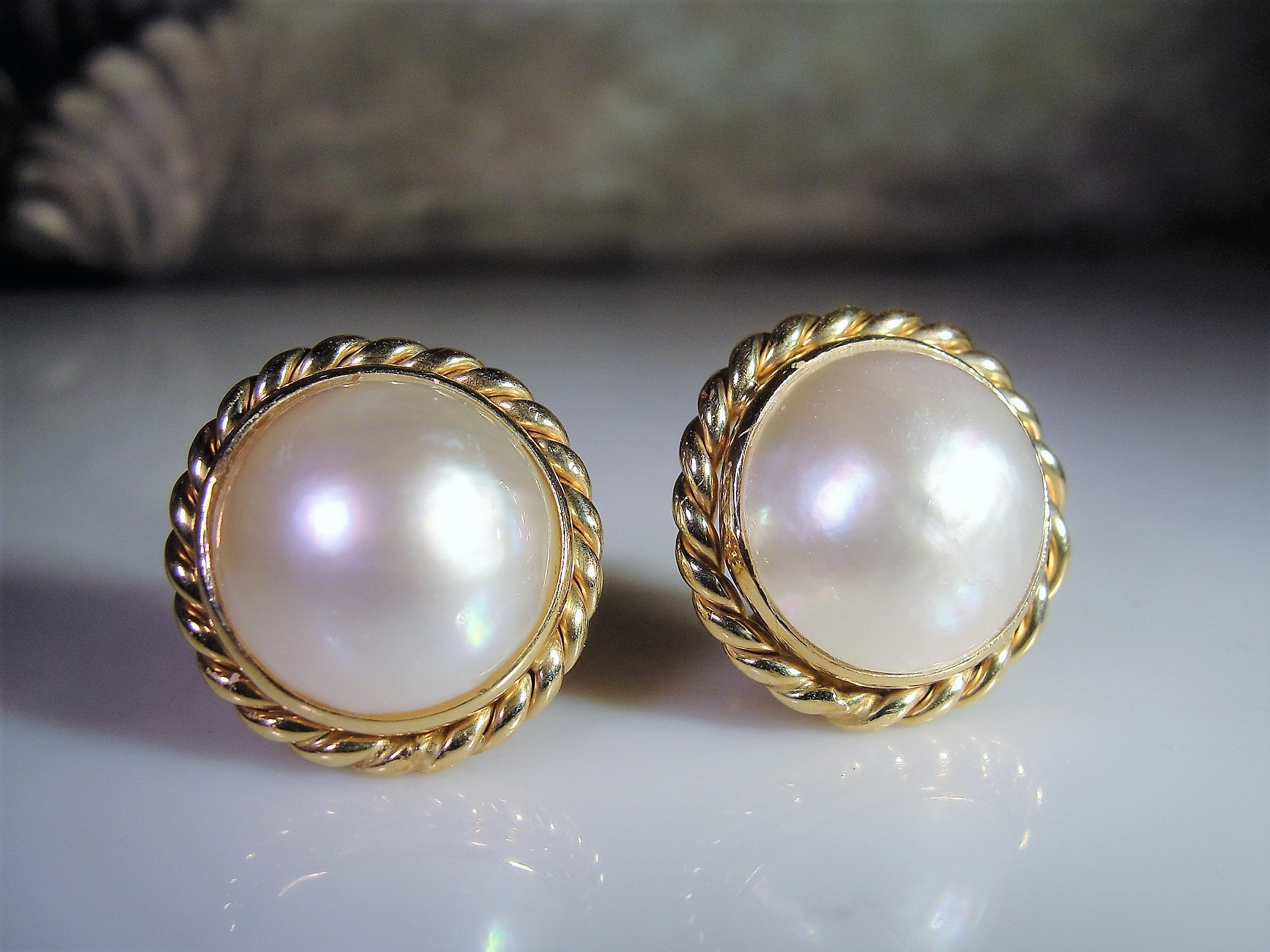 Pierced Earrings, 14K 16MM Mabe Pearl Earrings, Vintage Earrings