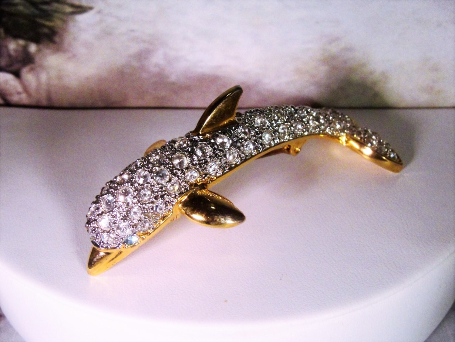 KUO Rhinestone Encrusted Dolphin Brooch, Rhinestone Dolphin Brooch