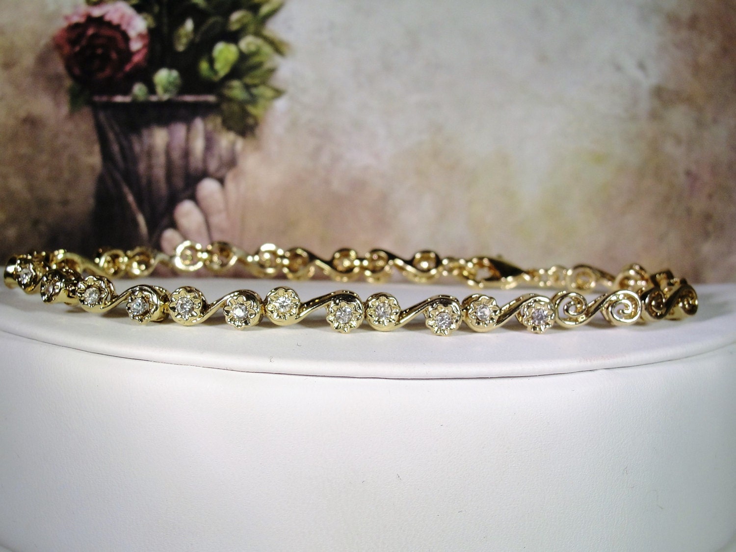 Tennis Bracelet, Unique S Shaped Design, Cubic Zirconia Diamond, Gold