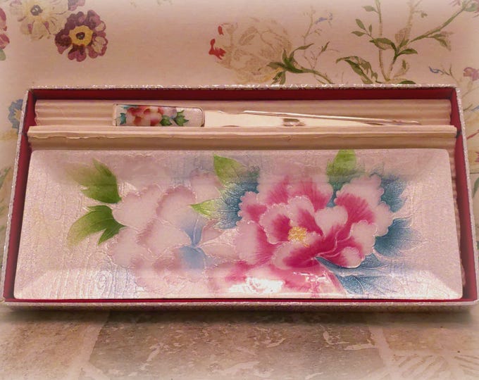 Japanese Floral Tray & Letter Opener - Wireless Cloisonne Enamel Floral Japanese Metal Tray Set – Designer Ando Shippo – Vintage Collectible
