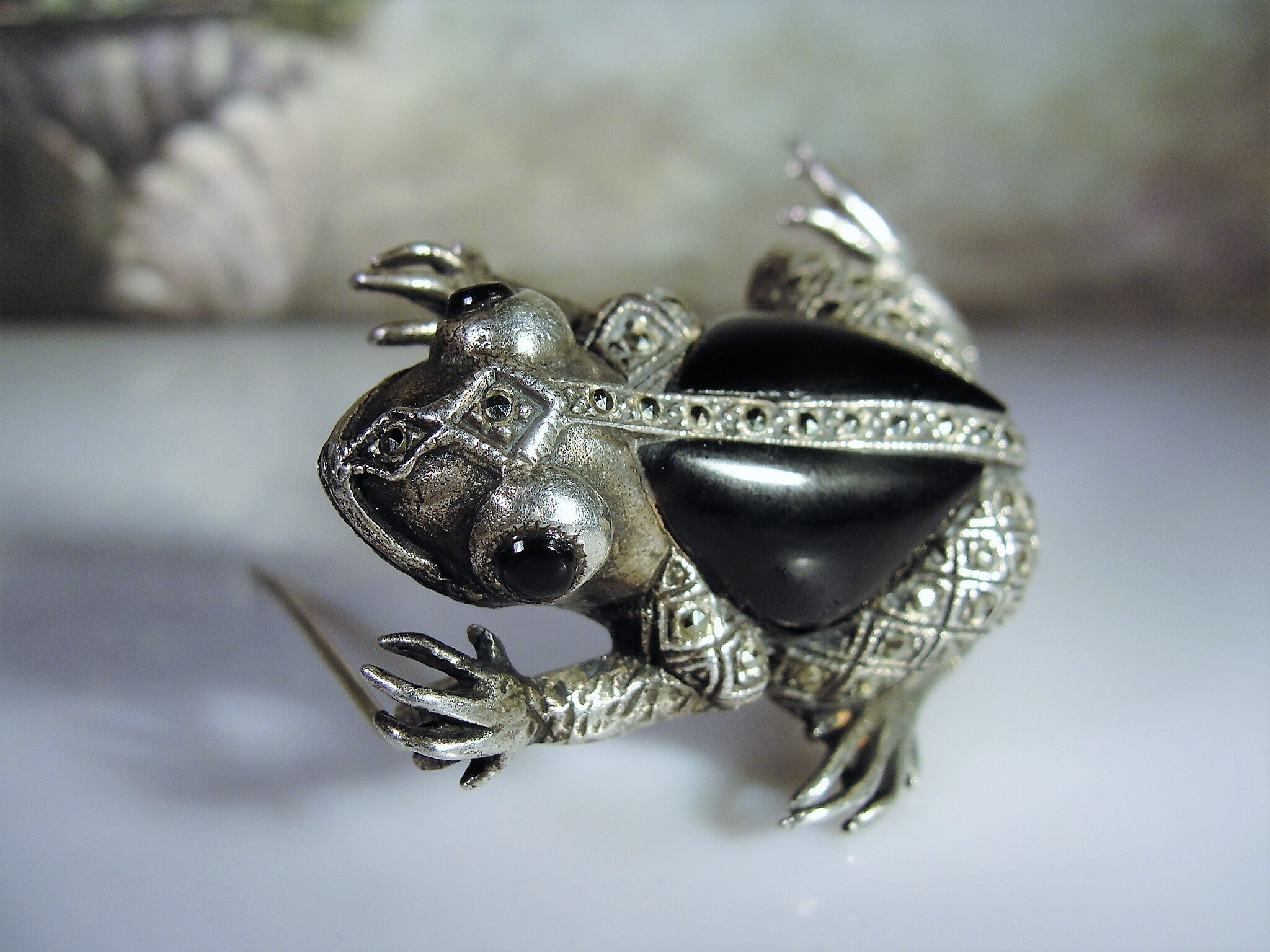 Silver Onyx and Marcasite Frog Brooch, Frog Brooch, Onyx Eyes, Onyx Back, Marcasite Encrusted