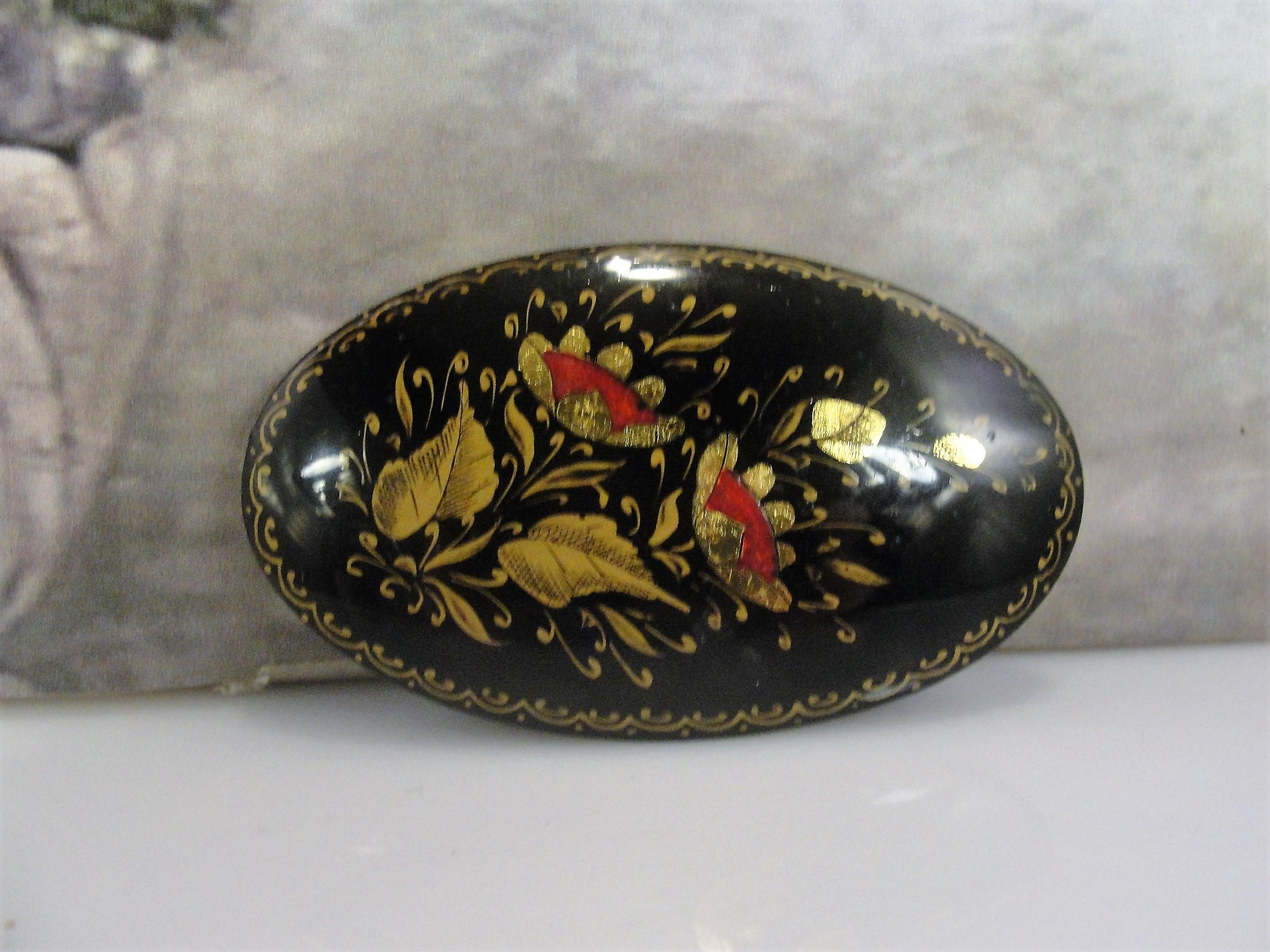 Gutta Percha Hand Painted Gold Gilt Mourning Brooch, Vulcanite Brooch