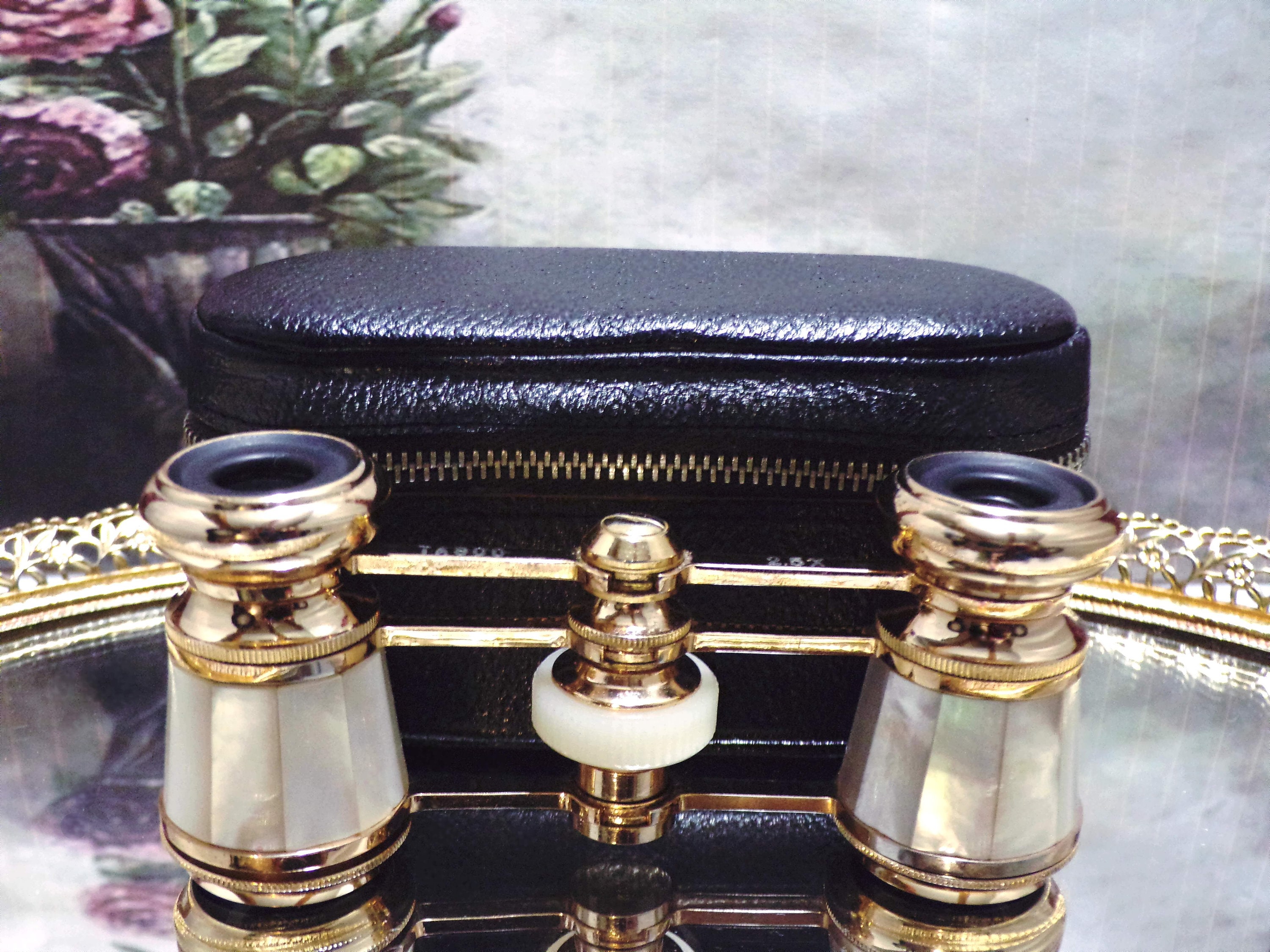 TASCO Miniature Mother of Pearl Opera Glasses & Black Genuine Leather