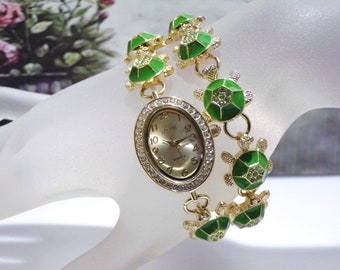 Set di bracciali con orologio vintage a forma di tartaruga Lenox: gioielli in cristallo smaltato verde