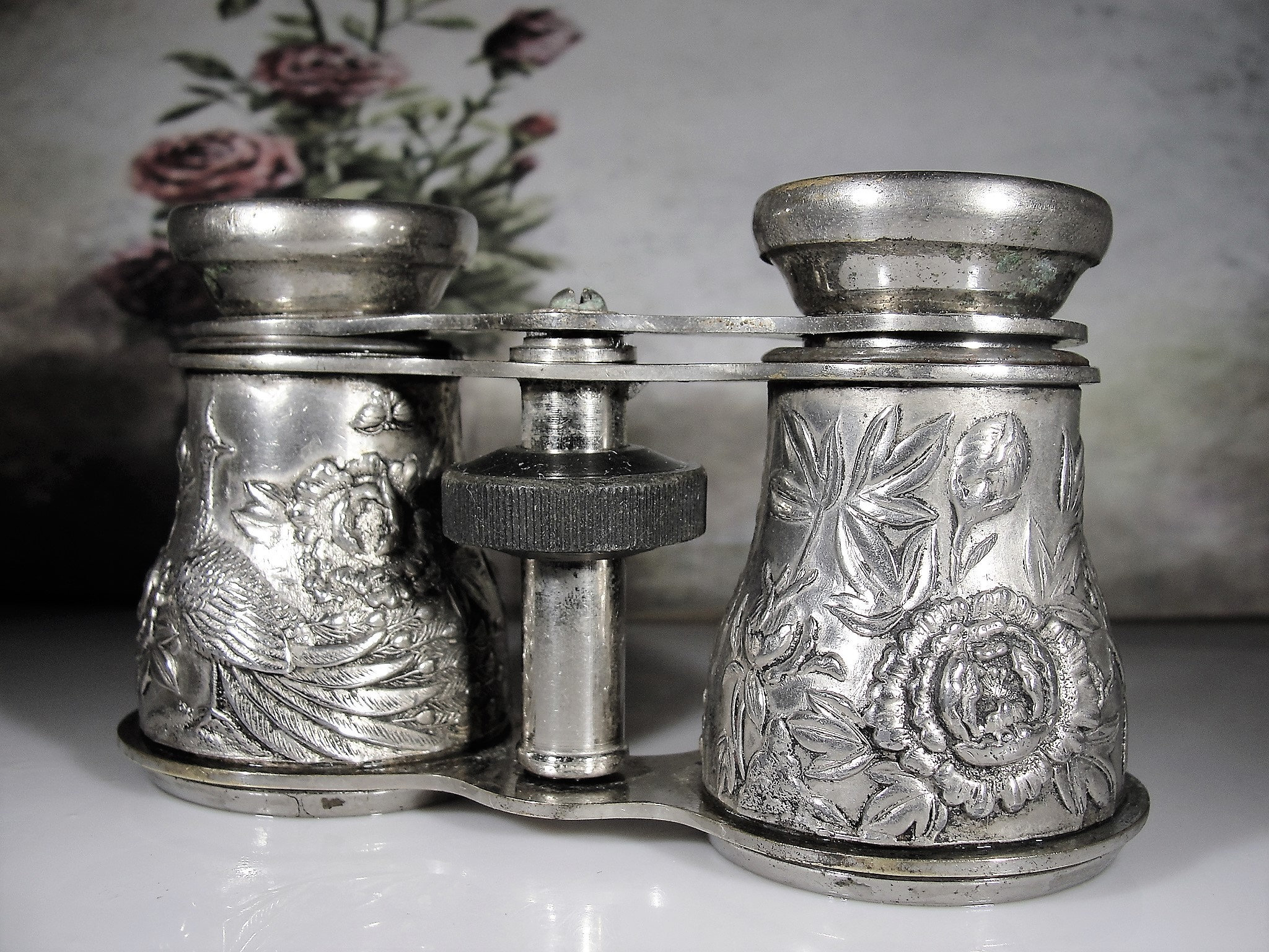 Opera Glasses, Vintage OCCUPIED JAPAN Repousse Floral Metal Work Design