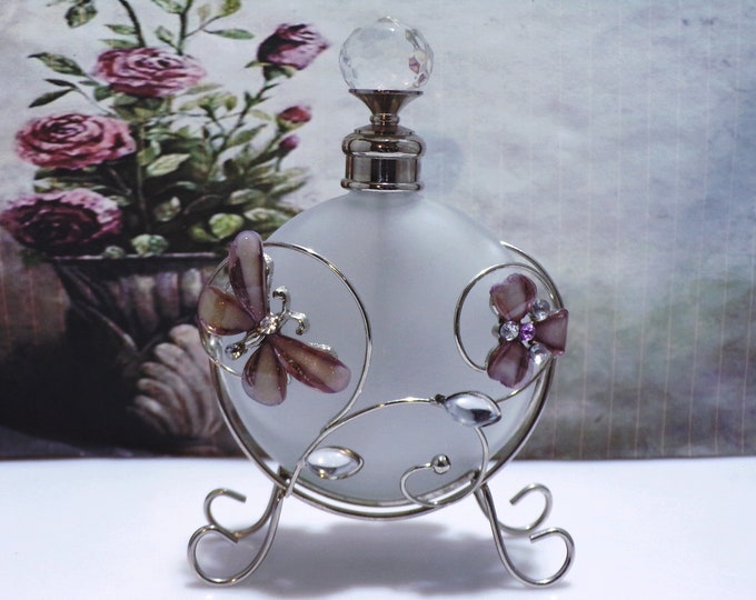 Perfume Bottle - Frosted Glass & Thermoset and Rhinestone Applique Perfume Bottle in a Silver Tone Wire Stand - Vintage Glass Perfume Bottle