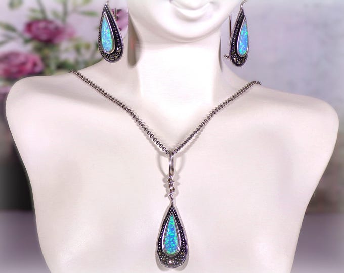 Sterling Silver Jewelry Set - Pacific Opalite w/ Marcasite Accents – Necklace & French Hook Teardrop Earrings – 18" Chain – Vintage Jewelry