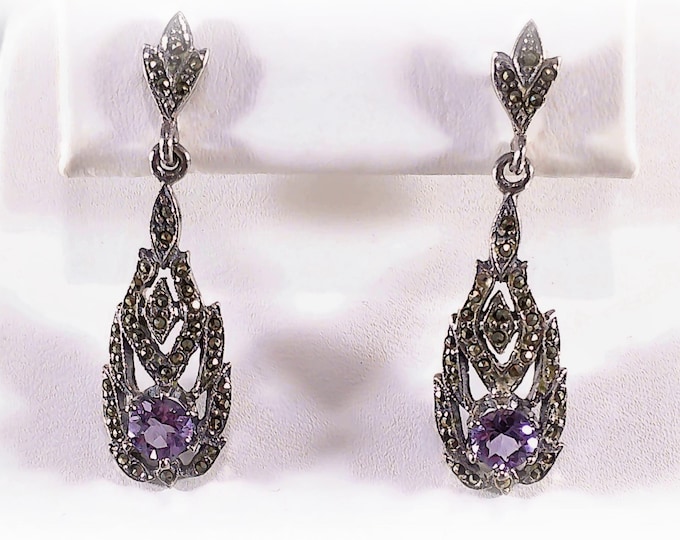 Amethyst and Marcasite Dangle Earrings – Antiqued Sterling Silver - Floral and Leaf Pattern - Vintage Earrings