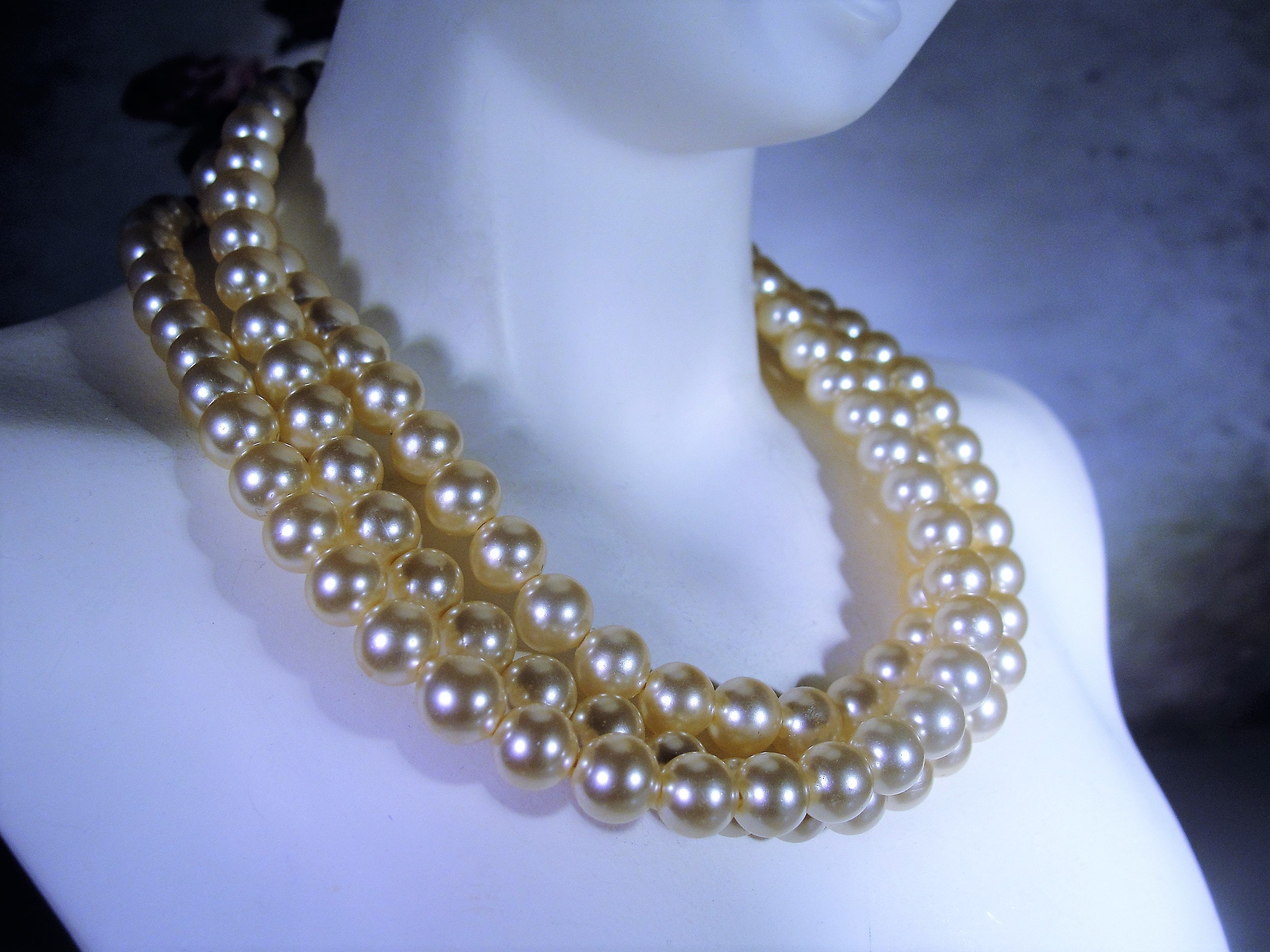 1940s Golden Faux Pearl Necklace and Earrings Jewelry Set, 30 String of