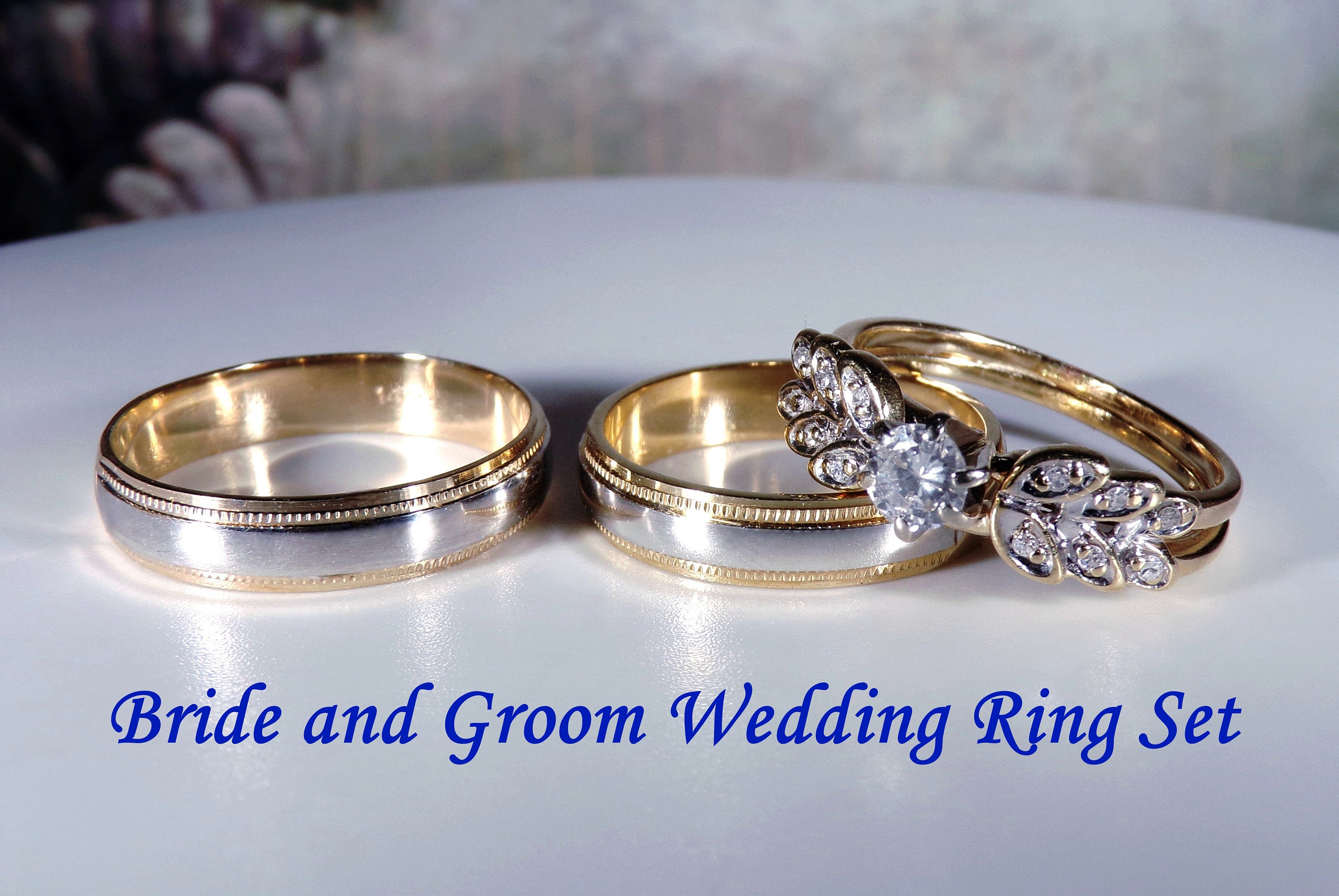 14K TwoTone Gold Bride and Groom Wedding Rings, Diamond Engagement