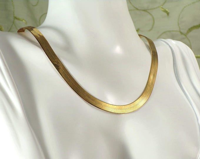 Gold Necklace - Gold Vermeil over 925 Sterling Silver - Herringbone - Vintage Flat 5.2mm Chain