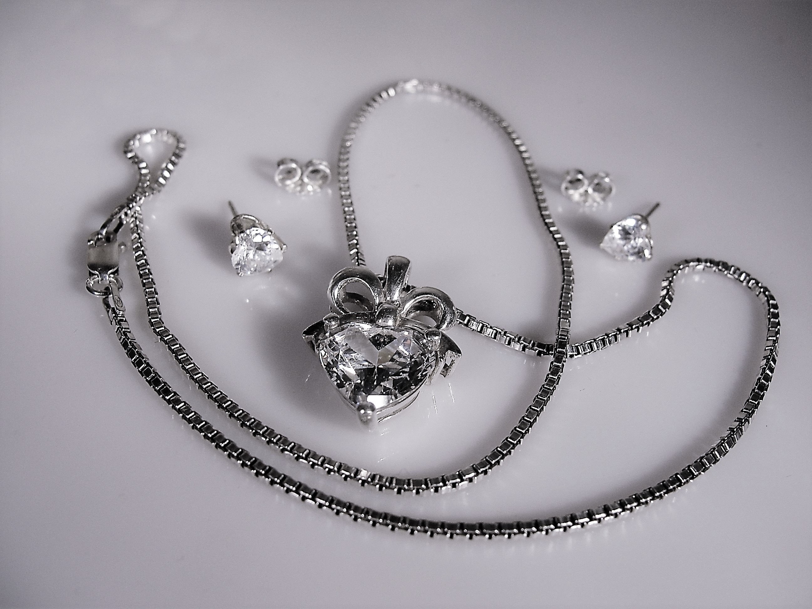 Sterling Silver CZ Heart Necklace and Earrings Set, Womens Jewelry Set