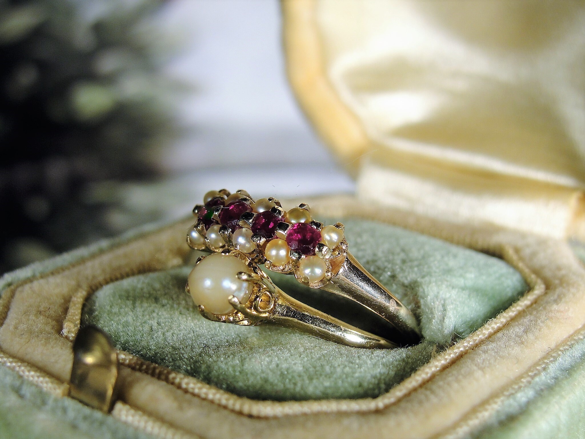 Reserved for Tracie 14K Victorian Bridal Ring Set, Pearl Ruby Wedding
