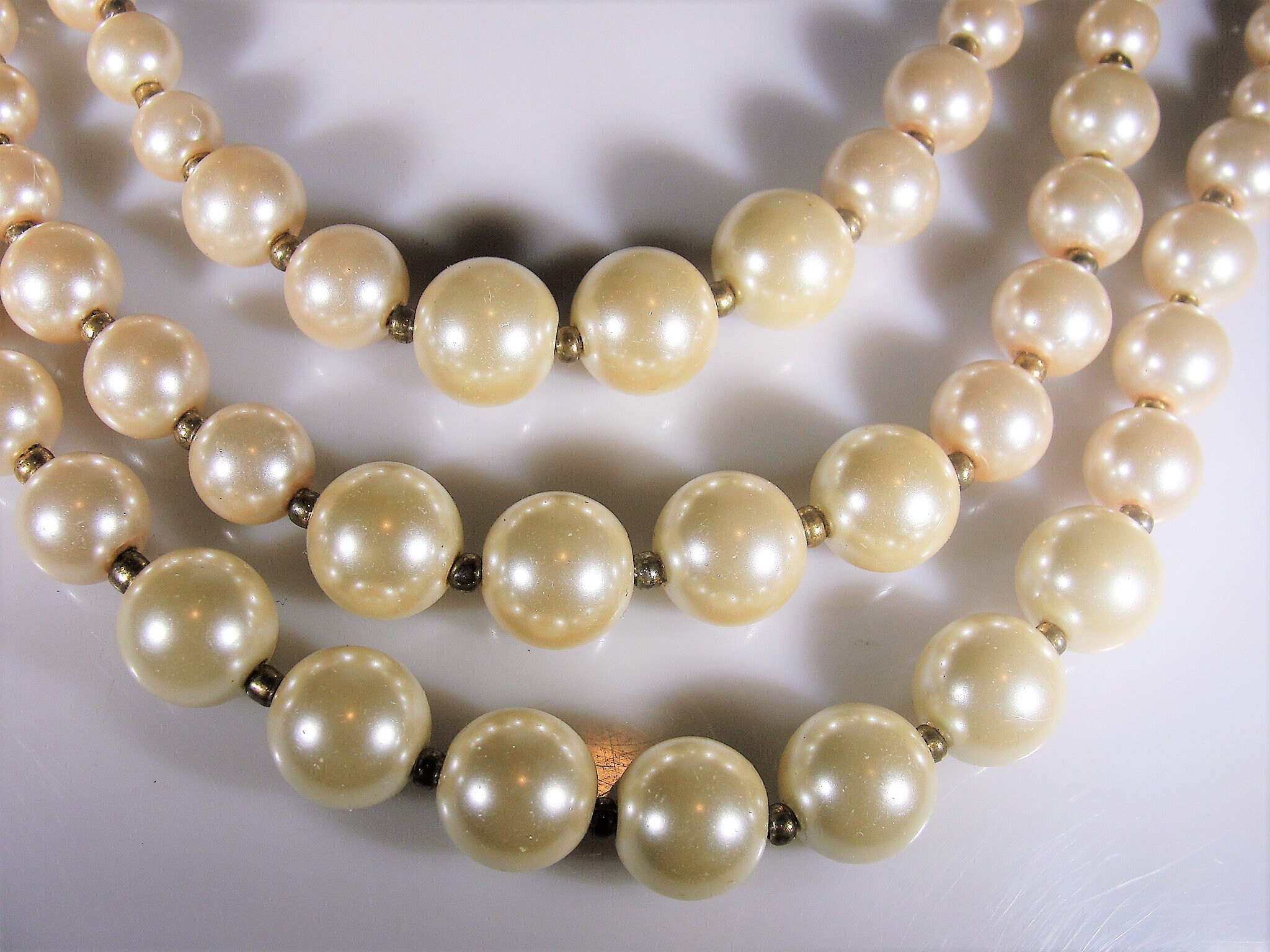 Pearl Necklace, 3 Strand Pearl Necklace with Enamel Flower