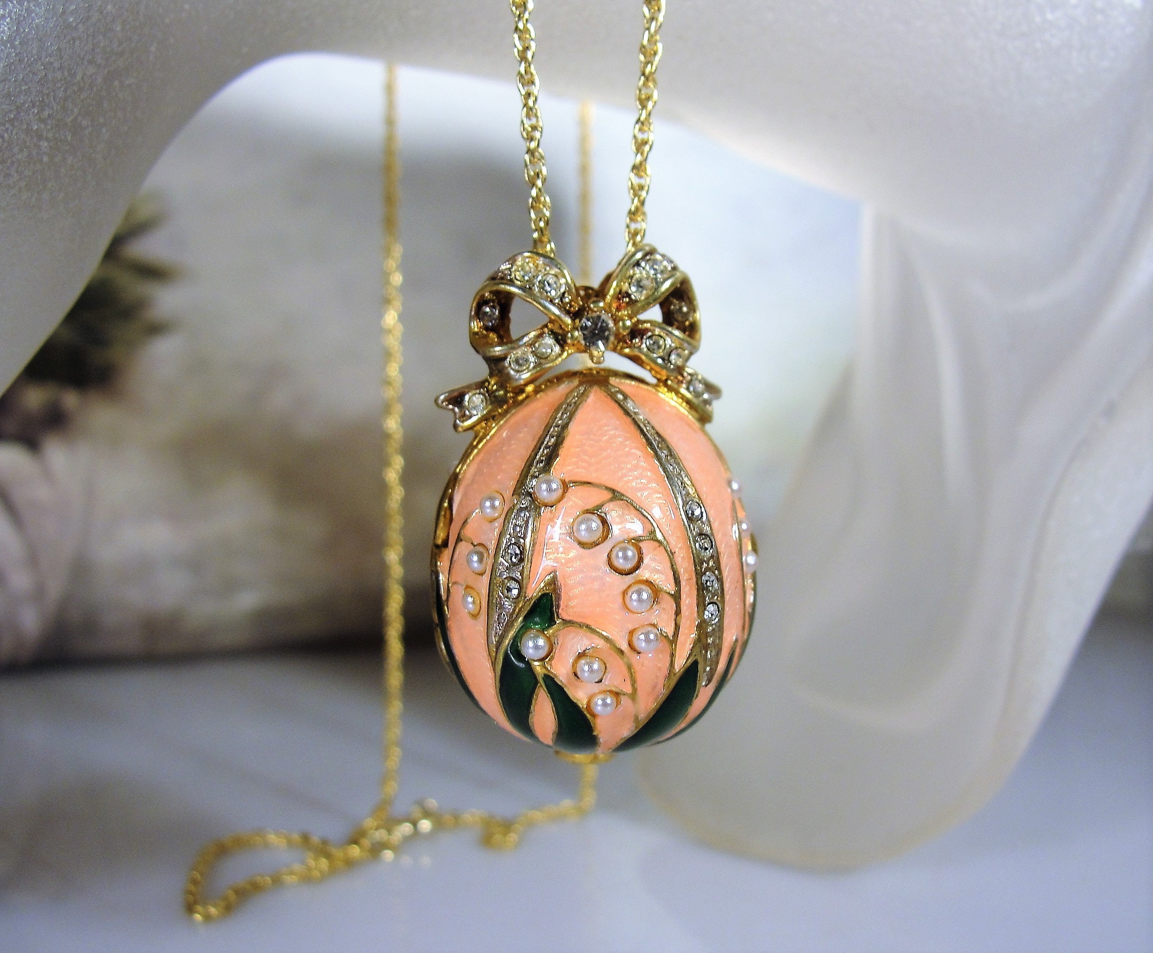 Faberge Enamel Egg Watch Pendant, Seed Pearls, Swarovski  display picture 1