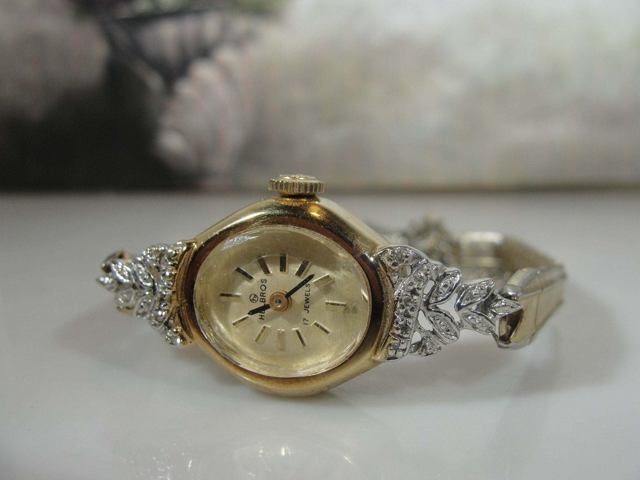 Women's Wrist Watch, HELBROS Womens 14K Yellow Gold Diamond Mechanical