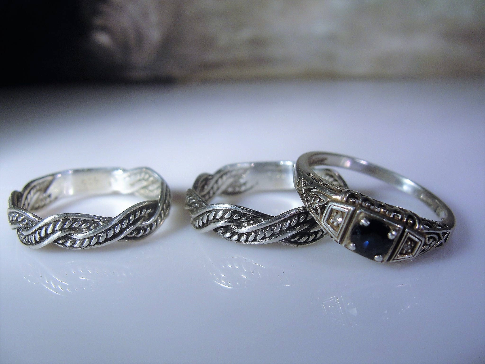 Art Deco Bride & Groom Wedding Ring Set, Blue Sapphire Diamond