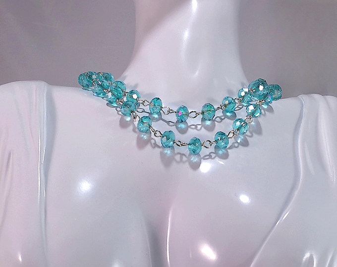 Women’s Double Strand Swiss Blue Glass Bead Necklace– Silver chain and Interlocking Links – 17-19 inches - Vintage