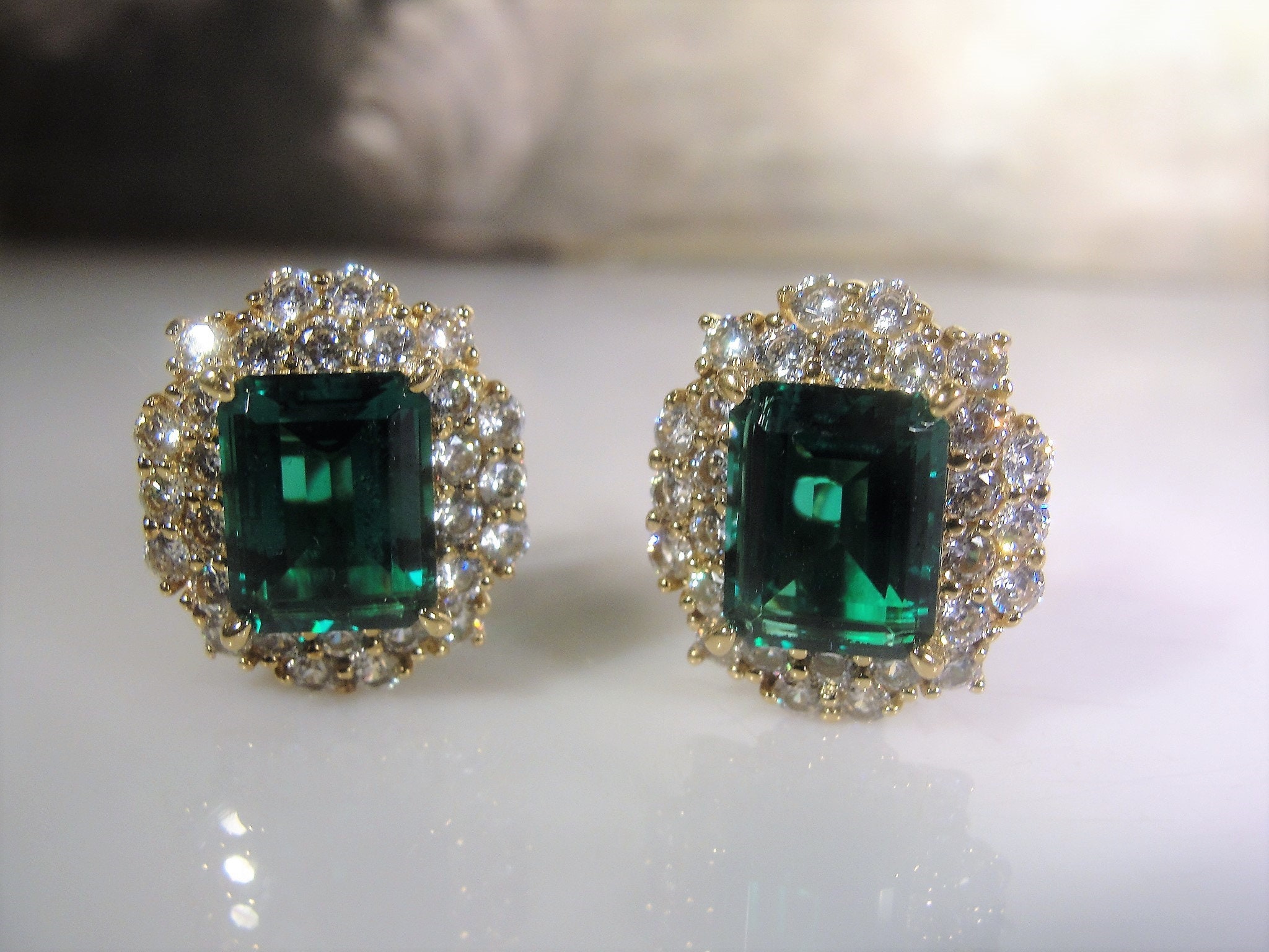 Green Emerald Earrings, Emerald and Diamond CZ Earrings, Lever Back