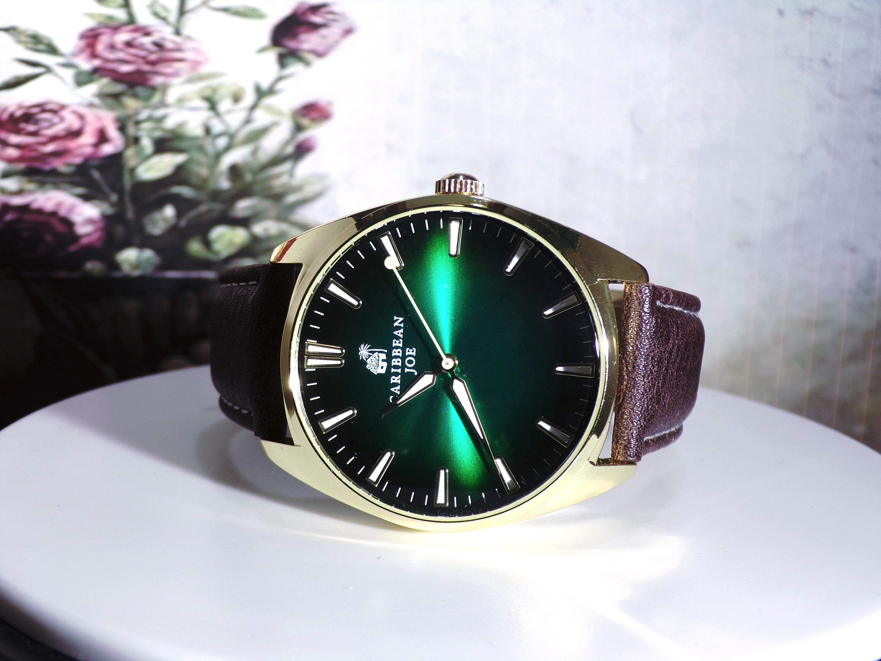 CARIBBEAN JOE Men's Wrist Watch – Emerald Green Face – Leather