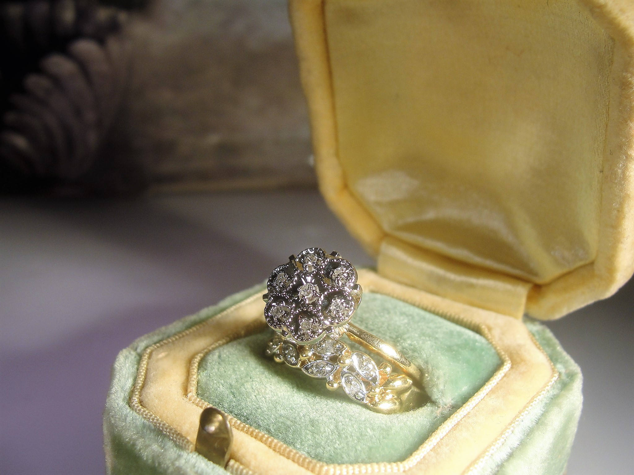 Art Deco Bridal Ring Set, 14K Diamond Wedding Band, 10K Diamond Cluster
