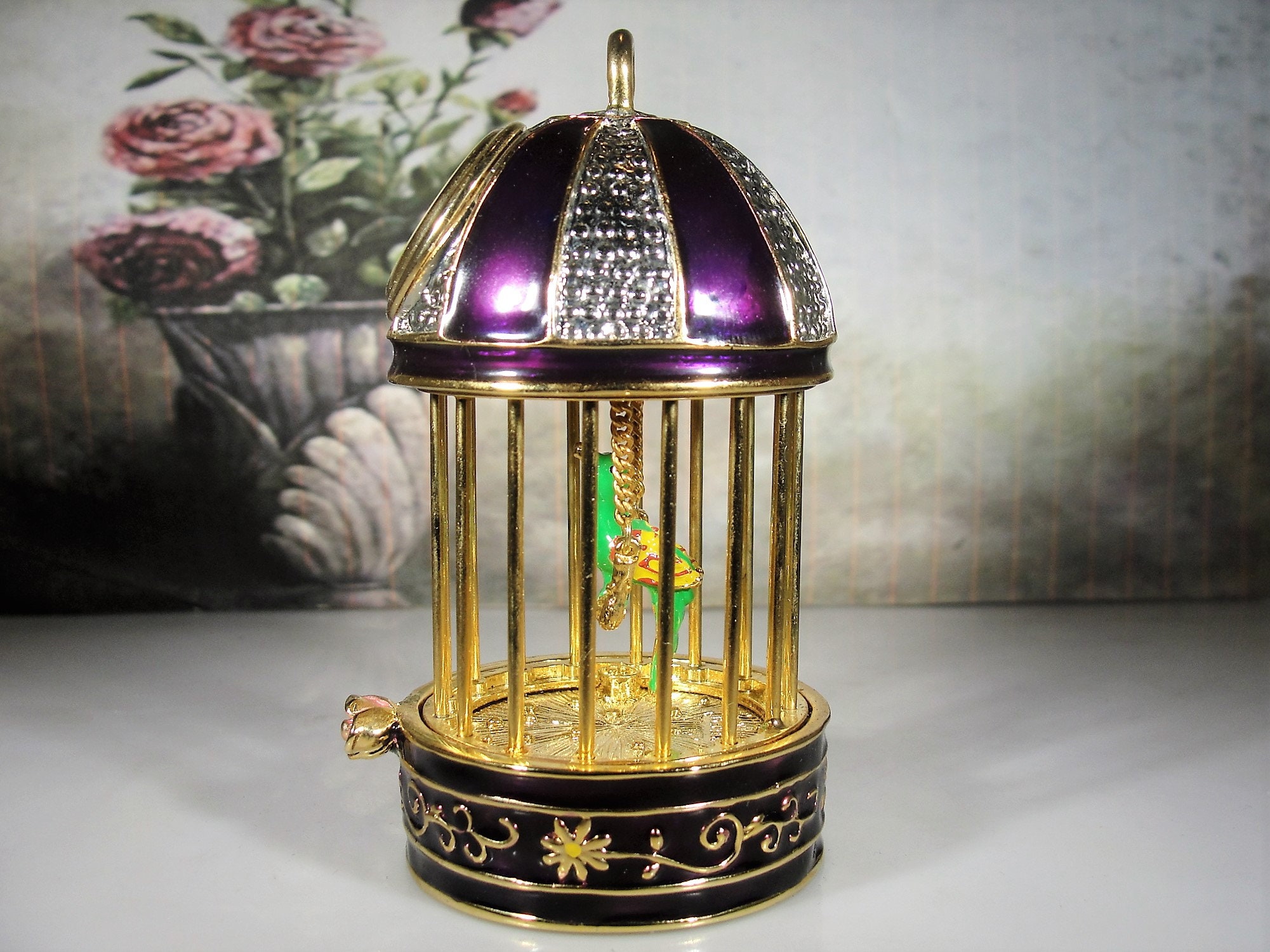 ELGIN Miniature Clock, Purple Enamel and Rhinestone Parakeet Birdcage