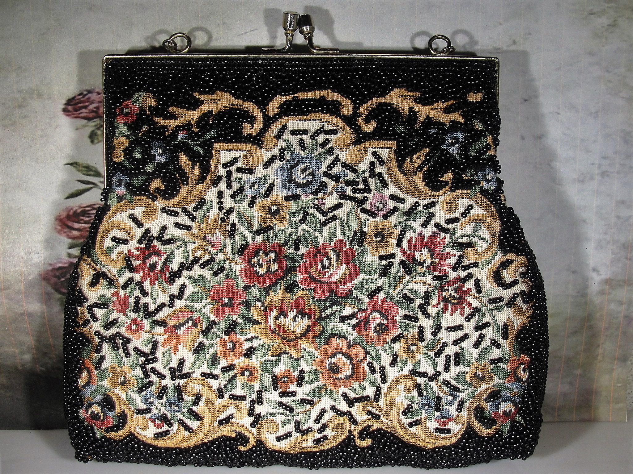 Tapestry Glass Beaded Purse - Black Beaded Tapestry Purse with Matching ...