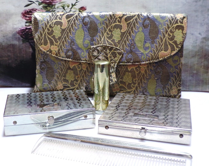 Rex Fifth Avenue 4 Piece Silver Compact Set - Comb - Lipstick Holder - Cigarette Case - Powder Compact - Cloth Case - Vintage Compact Set