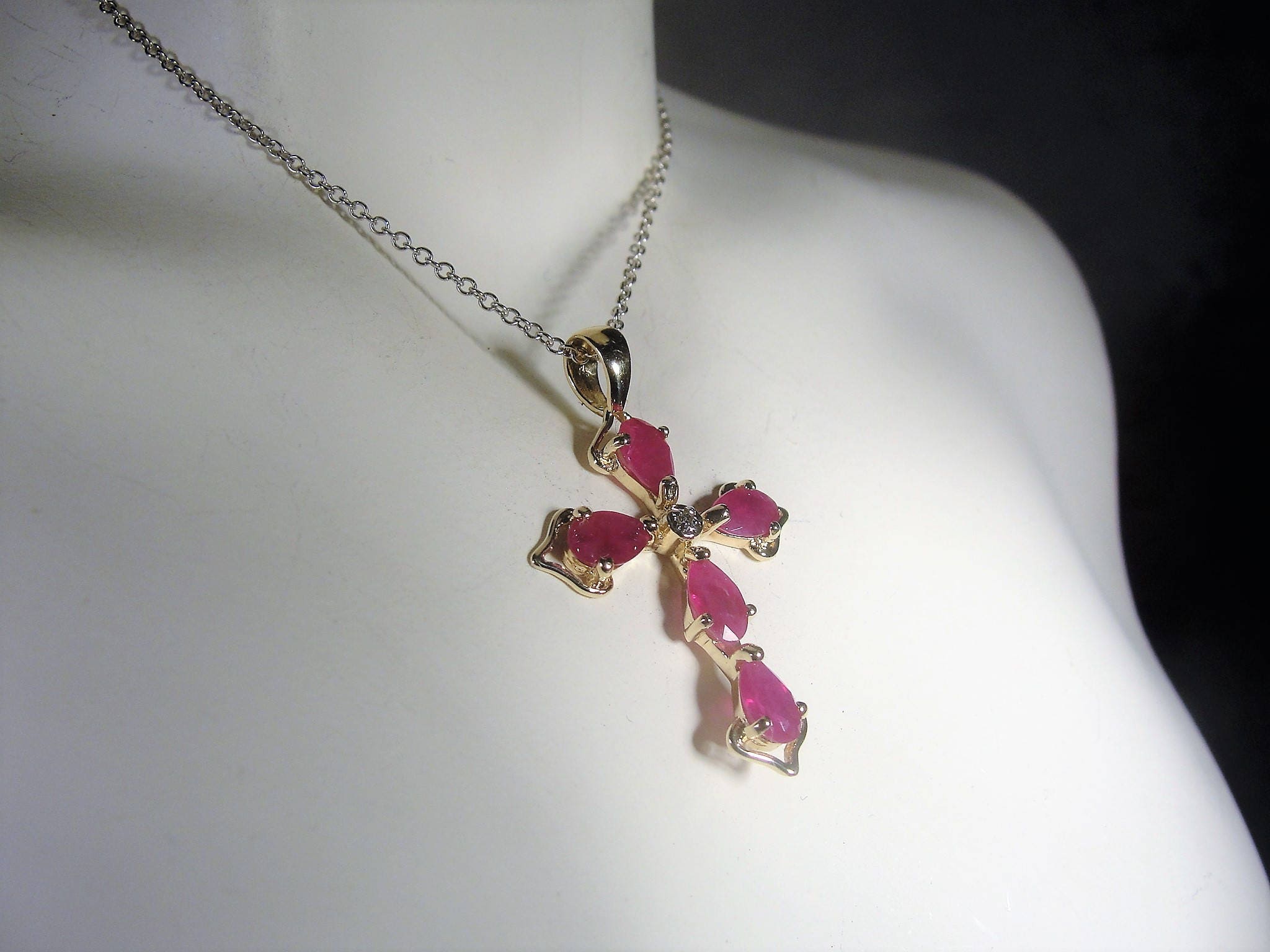 Ruby Cross Necklace, 14K Ruby and Diamond Cross Necklace, Cross Pendant