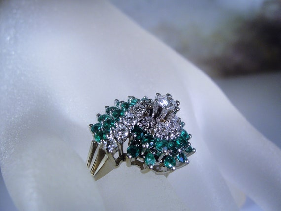Emerald and Diamond Ring, 14K White Gold Ring, Gre