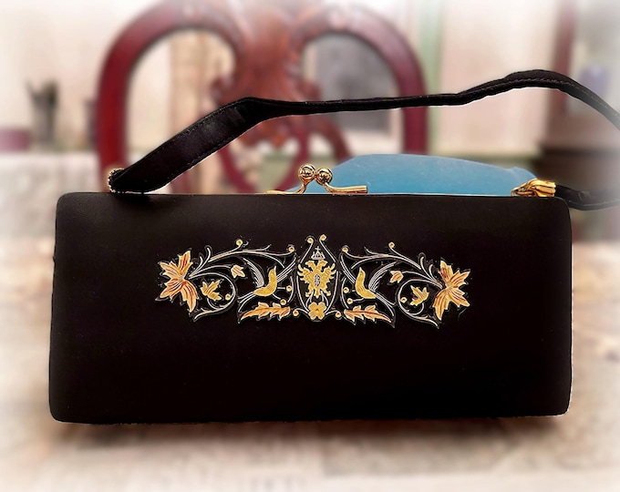 Vintage 1950s Damascene Black and Gold Embellishment Formal Evening Purse – Powder Compact – Lipstick – Miscellaneous Deep Well - Clutch