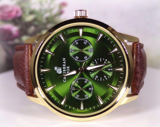 Mens Wrist Watch – Caribbean Joe Man's Faux Chronograph Green & Gold Wristwatch – Quartz Watch – 10" Band - New Battery – Vintage Mens Watch